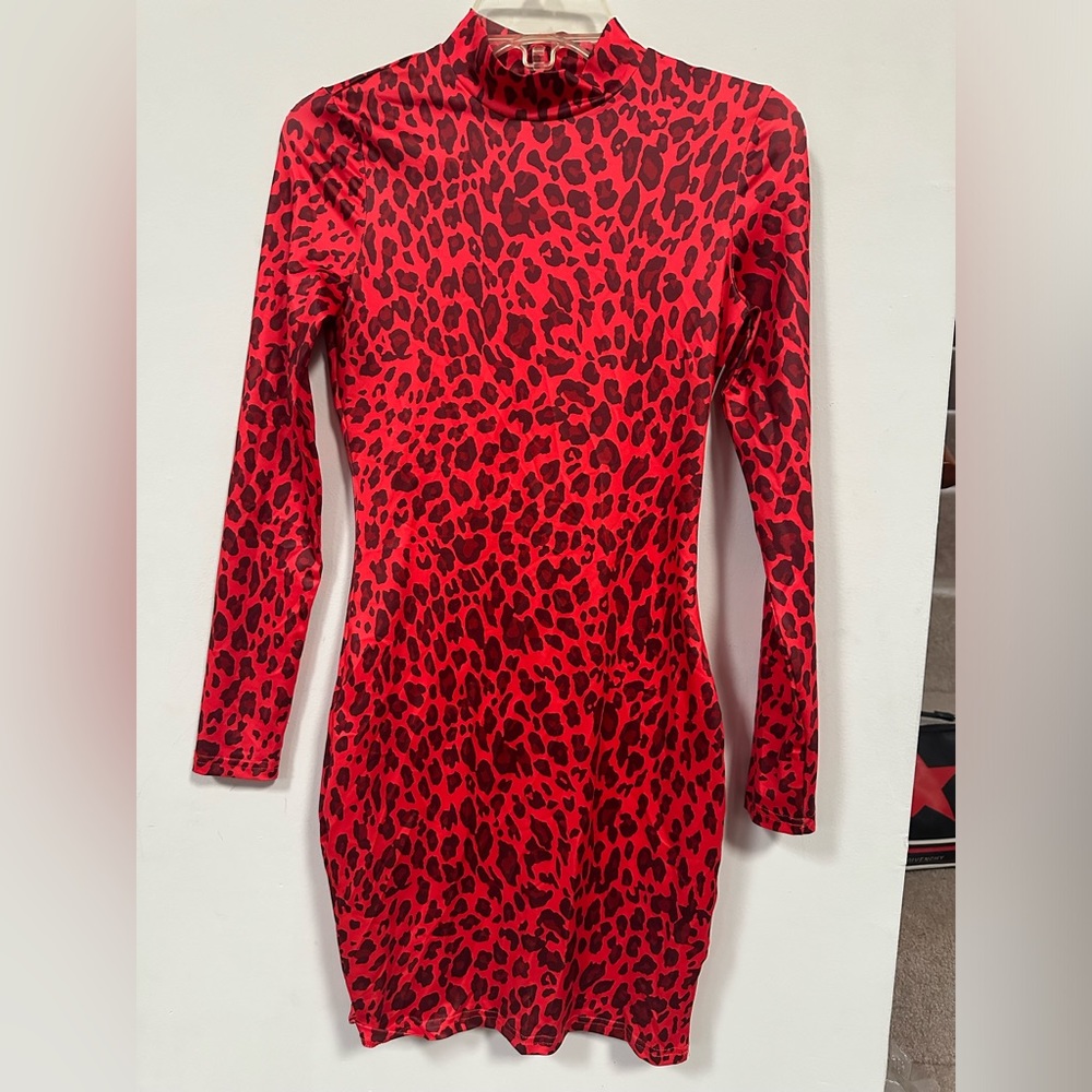 SEXY RED LEOPARD DRESS LONG SLEEVE BODYCON STRETCH